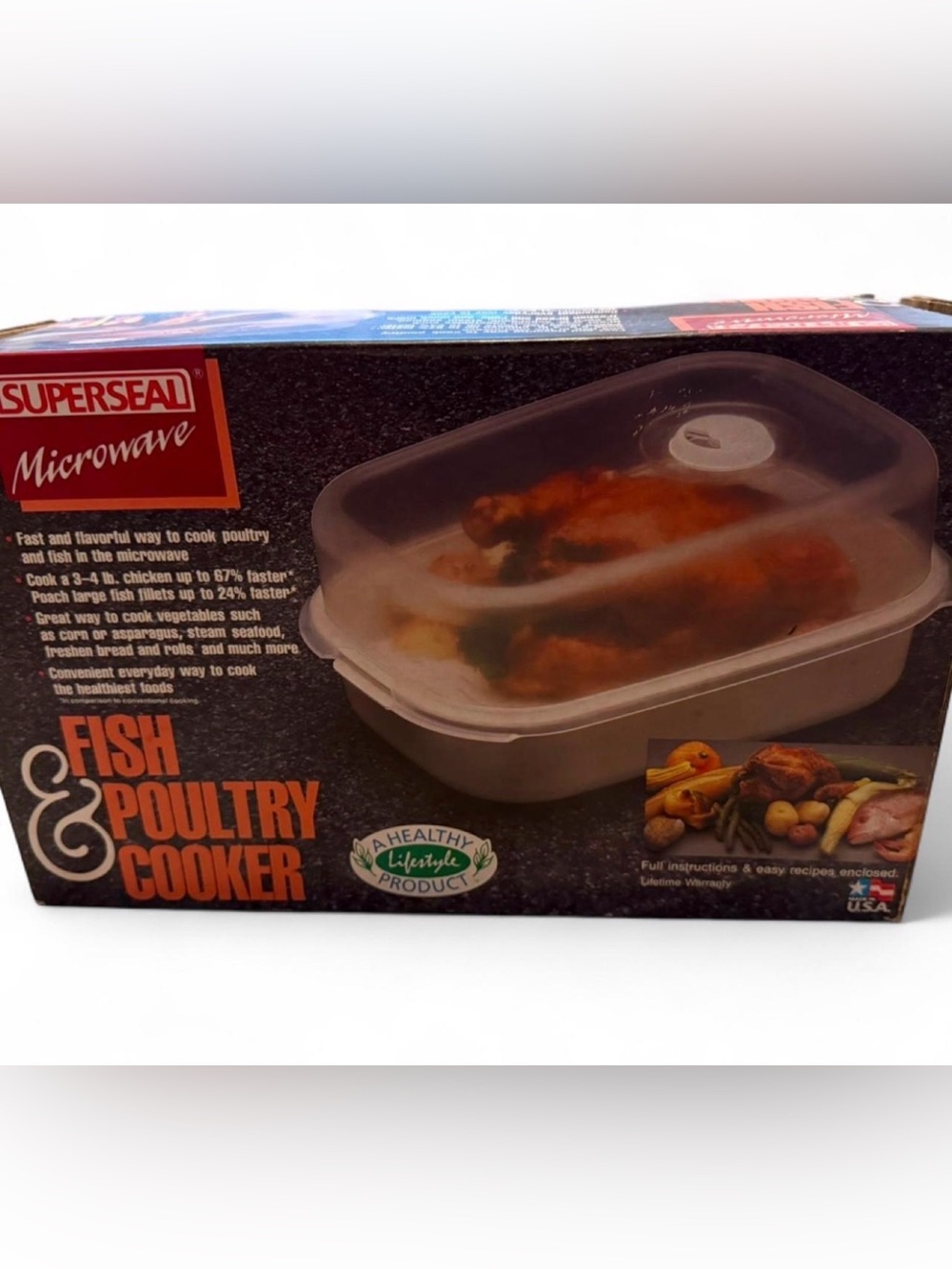 Vintage Superseal Microwave Fish & Poultry Cooker NOS USA 3 Pc Open Box Vented